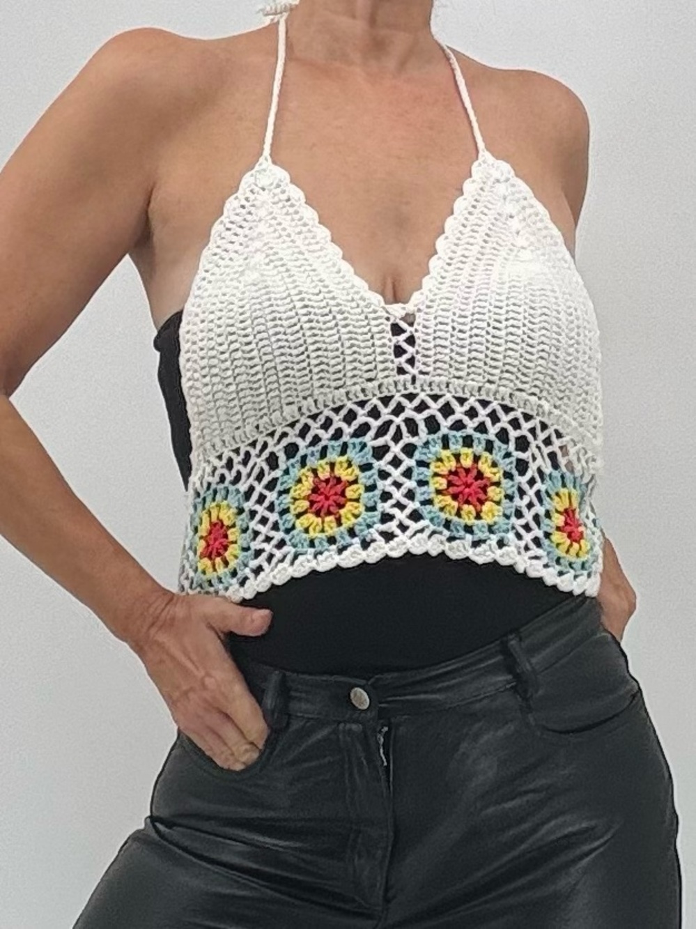 Vintage Y2K Boho Hippie Festival Crochet Patchwork Granny Square Halter Top